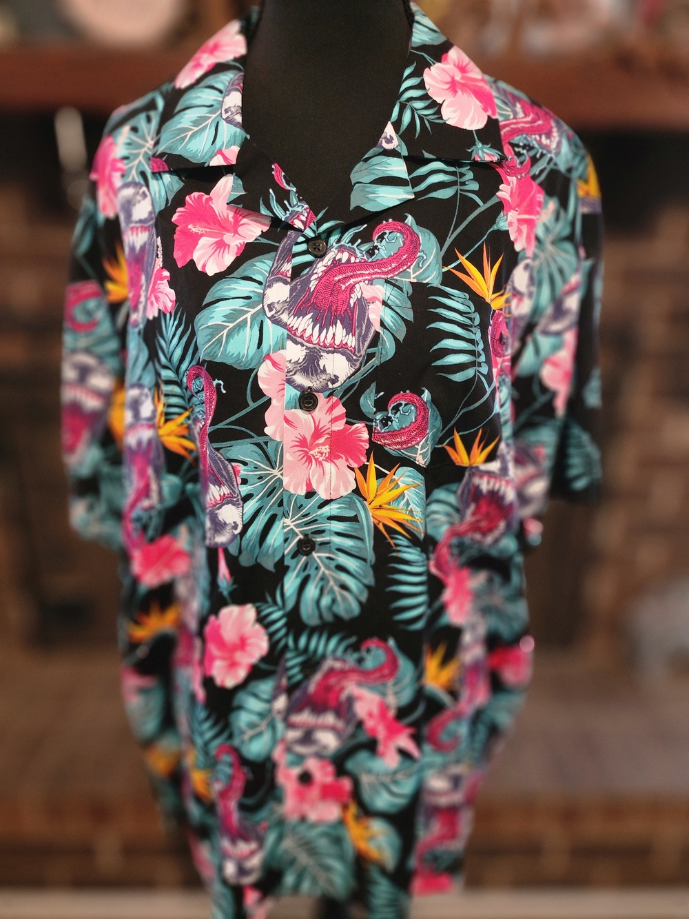 Tropical Floral Button-Up Shirt - Black with Pink & Teal
